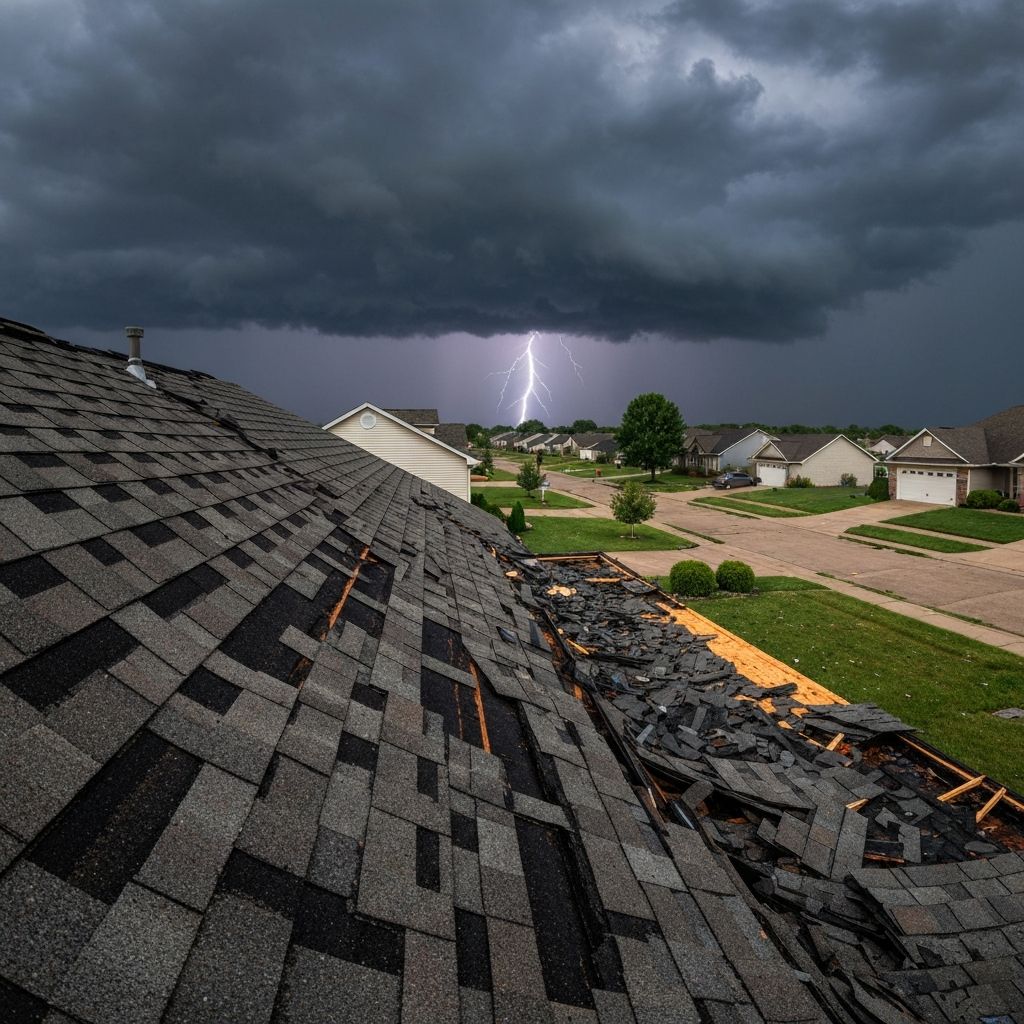 Residential roof with hail damage after a Missouri storm